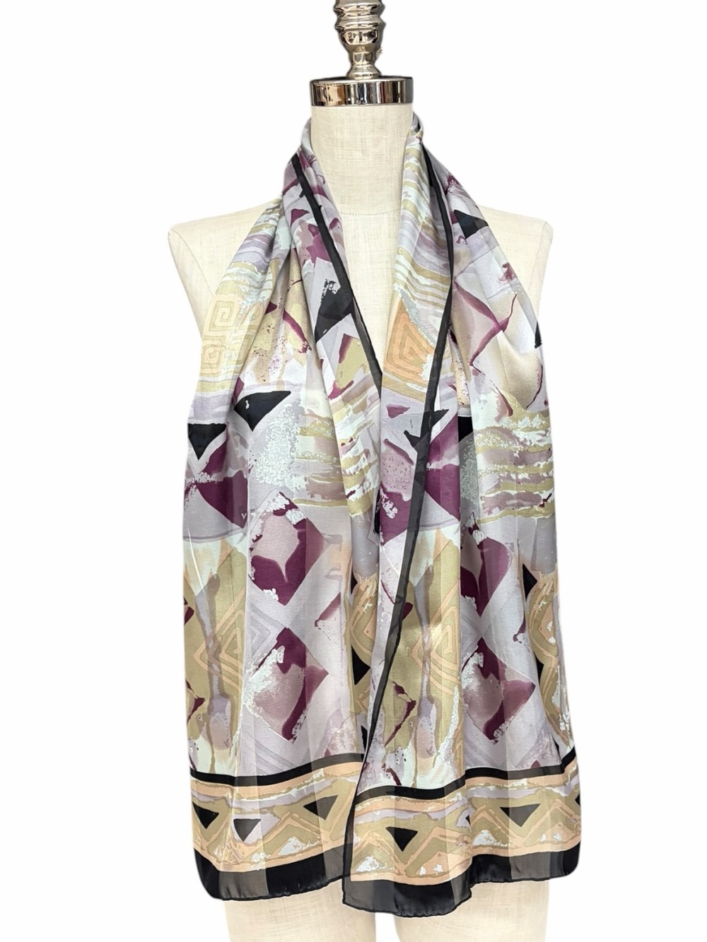 Vintage Bill Blass Silk Scarf Abstract Geometric Print Long Painterly Abstract